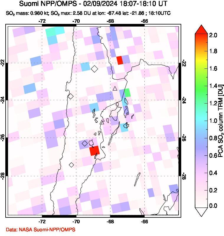 A sulfur dioxide image over Northern Chile on Feb 09, 2024.