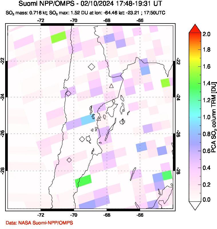 A sulfur dioxide image over Northern Chile on Feb 10, 2024.