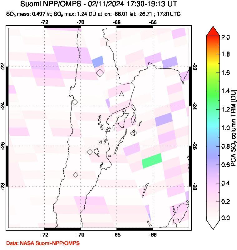 A sulfur dioxide image over Northern Chile on Feb 11, 2024.