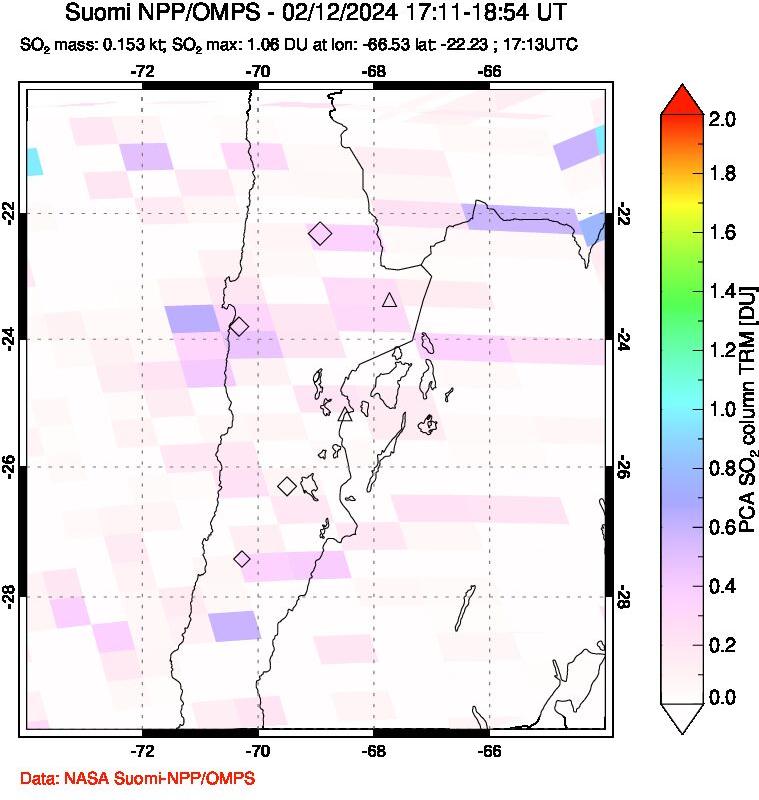 A sulfur dioxide image over Northern Chile on Feb 12, 2024.