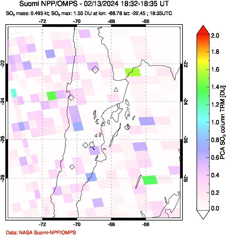 A sulfur dioxide image over Northern Chile on Feb 13, 2024.