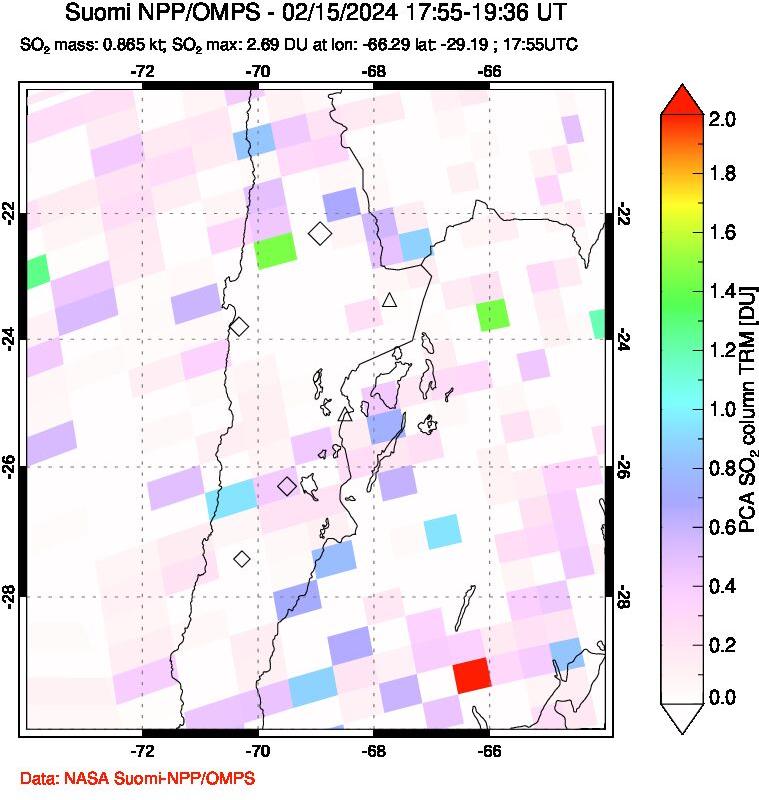 A sulfur dioxide image over Northern Chile on Feb 15, 2024.