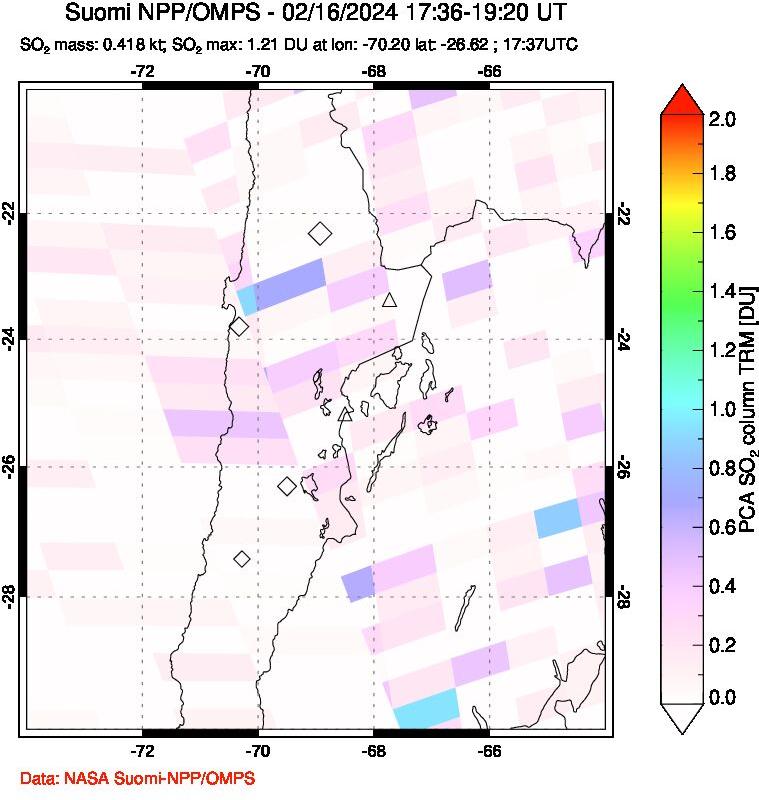 A sulfur dioxide image over Northern Chile on Feb 16, 2024.