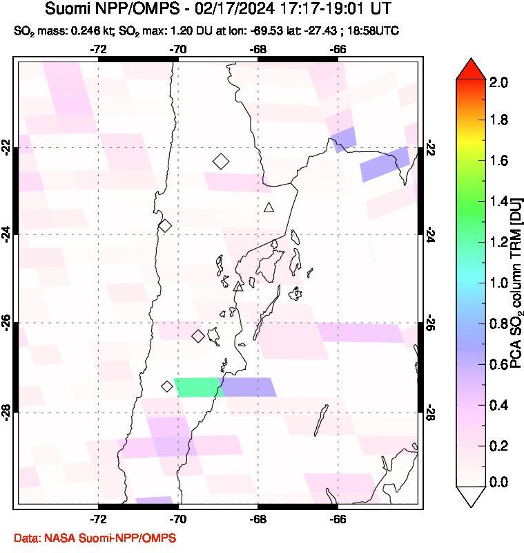 A sulfur dioxide image over Northern Chile on Feb 17, 2024.