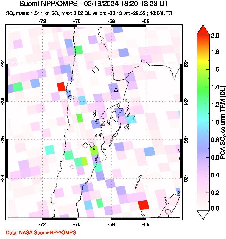 A sulfur dioxide image over Northern Chile on Feb 19, 2024.