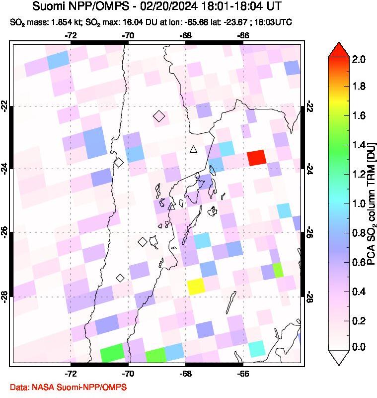 A sulfur dioxide image over Northern Chile on Feb 20, 2024.