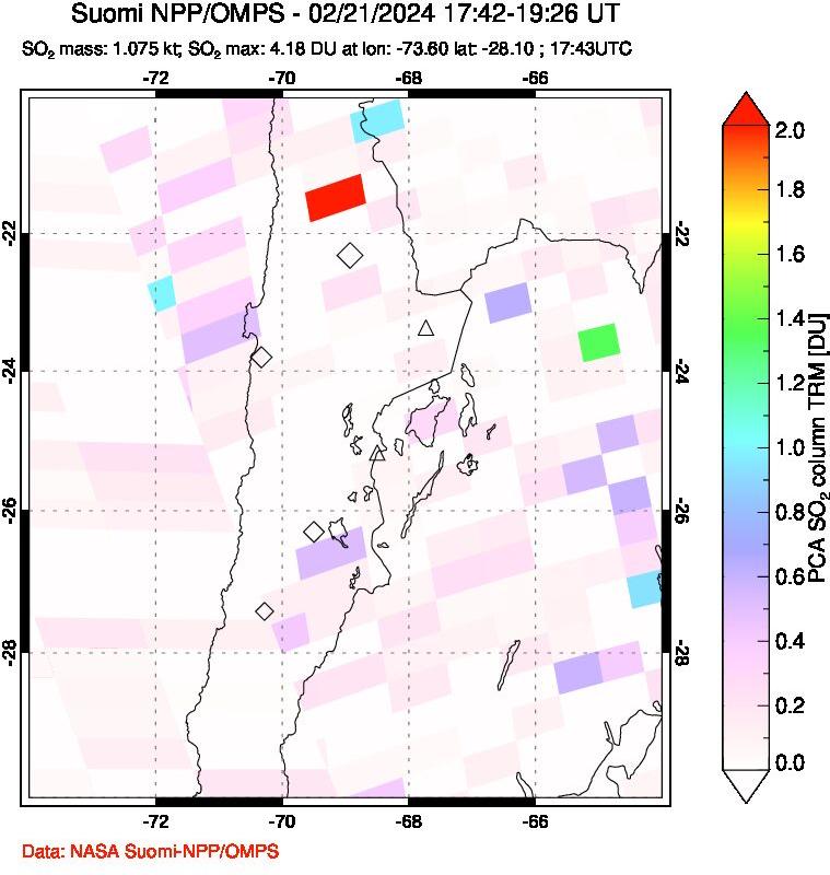 A sulfur dioxide image over Northern Chile on Feb 21, 2024.