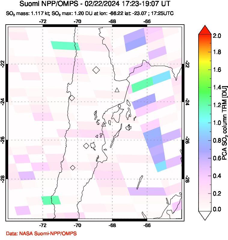 A sulfur dioxide image over Northern Chile on Feb 22, 2024.