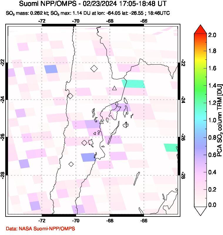 A sulfur dioxide image over Northern Chile on Feb 23, 2024.