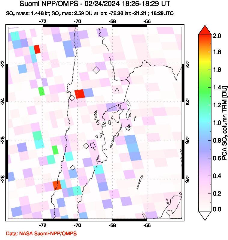 A sulfur dioxide image over Northern Chile on Feb 24, 2024.