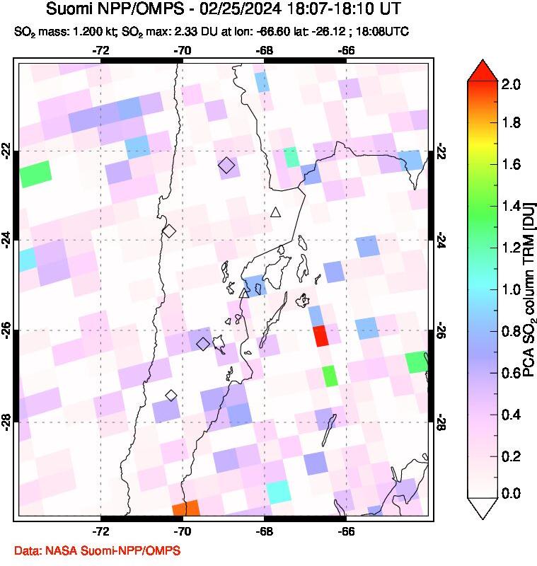 A sulfur dioxide image over Northern Chile on Feb 25, 2024.