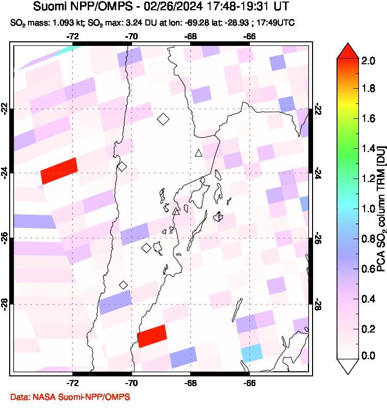 A sulfur dioxide image over Northern Chile on Feb 26, 2024.