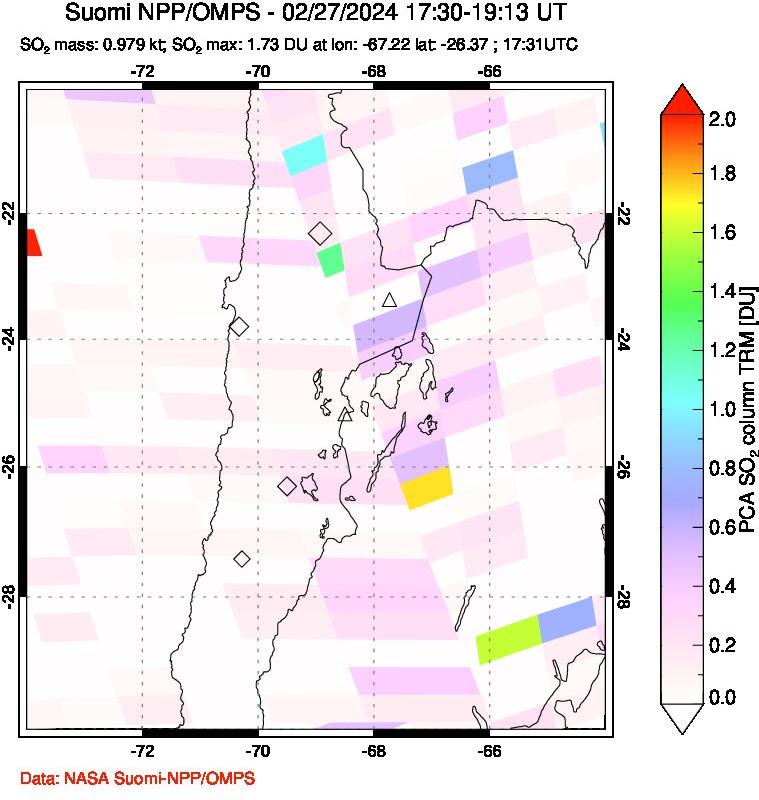 A sulfur dioxide image over Northern Chile on Feb 27, 2024.