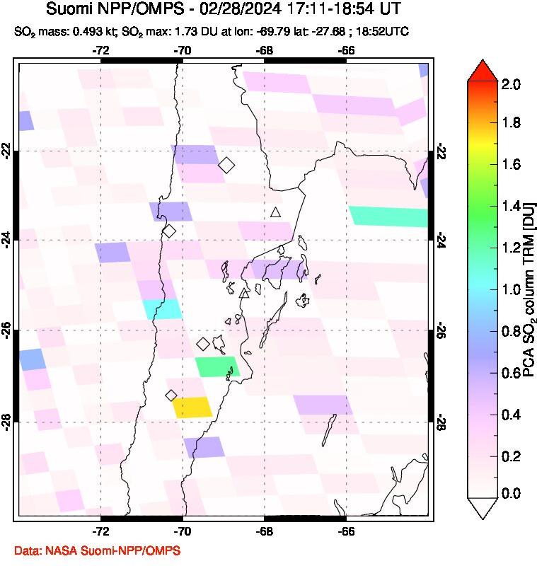 A sulfur dioxide image over Northern Chile on Feb 28, 2024.