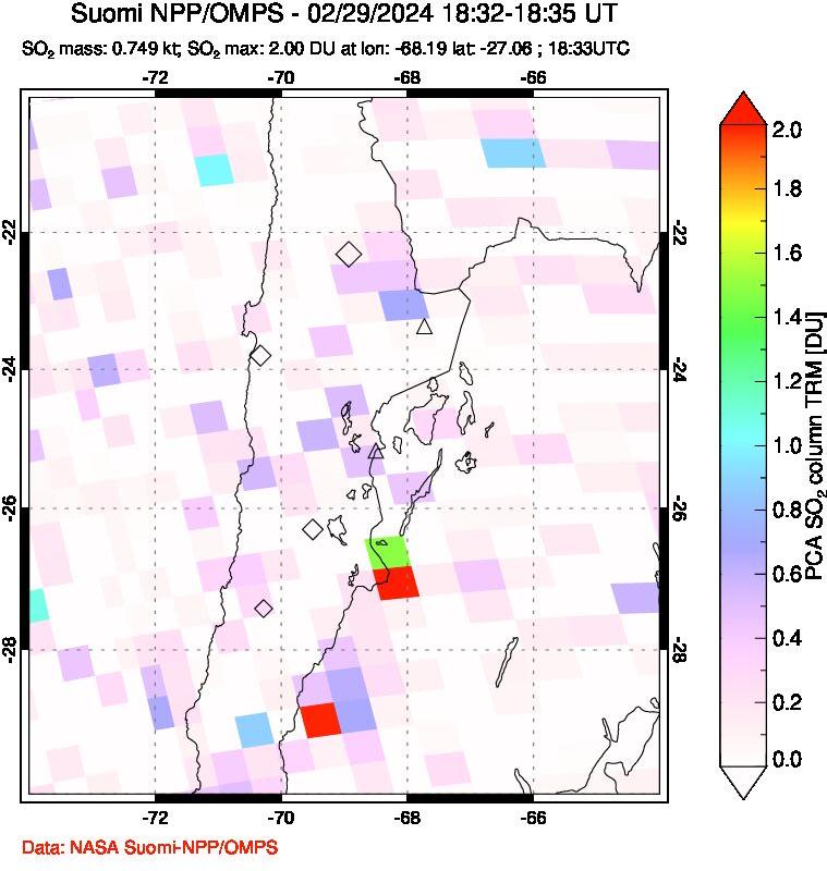 A sulfur dioxide image over Northern Chile on Feb 29, 2024.