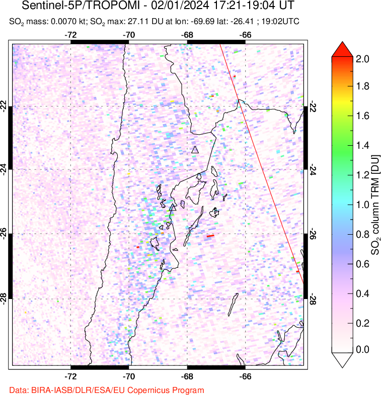 A sulfur dioxide image over Northern Chile on Feb 01, 2024.