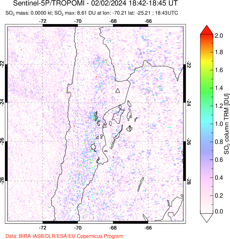 A sulfur dioxide image over Northern Chile on Feb 02, 2024.