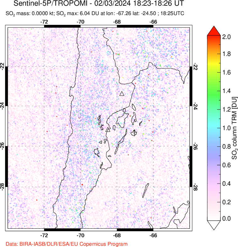 A sulfur dioxide image over Northern Chile on Feb 03, 2024.