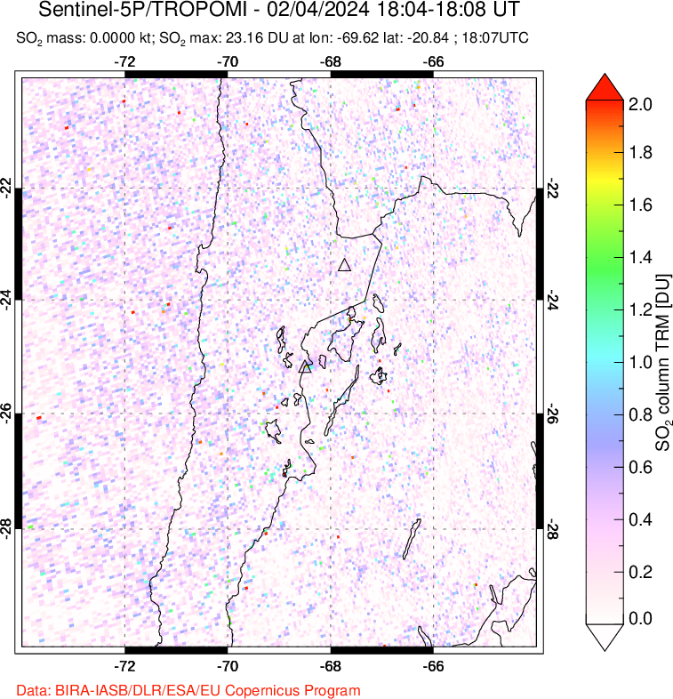 A sulfur dioxide image over Northern Chile on Feb 04, 2024.