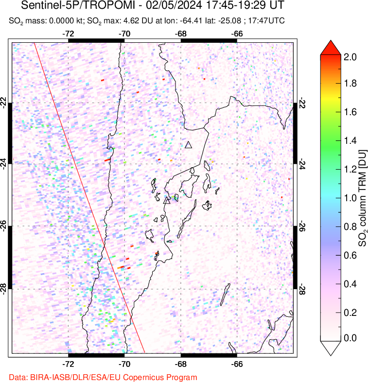 A sulfur dioxide image over Northern Chile on Feb 05, 2024.