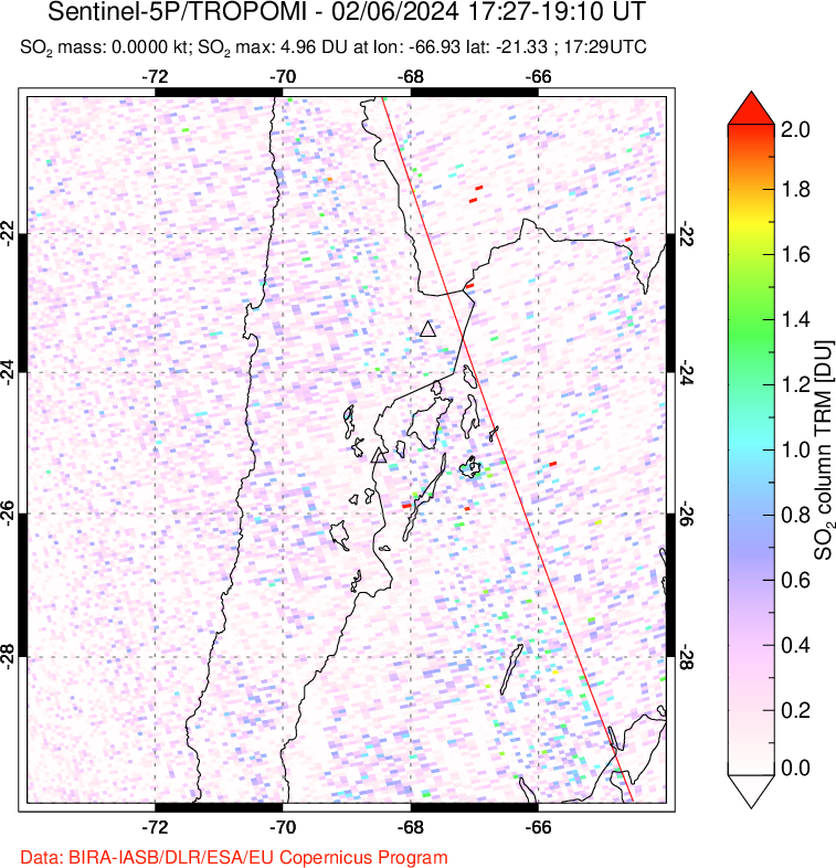 A sulfur dioxide image over Northern Chile on Feb 06, 2024.