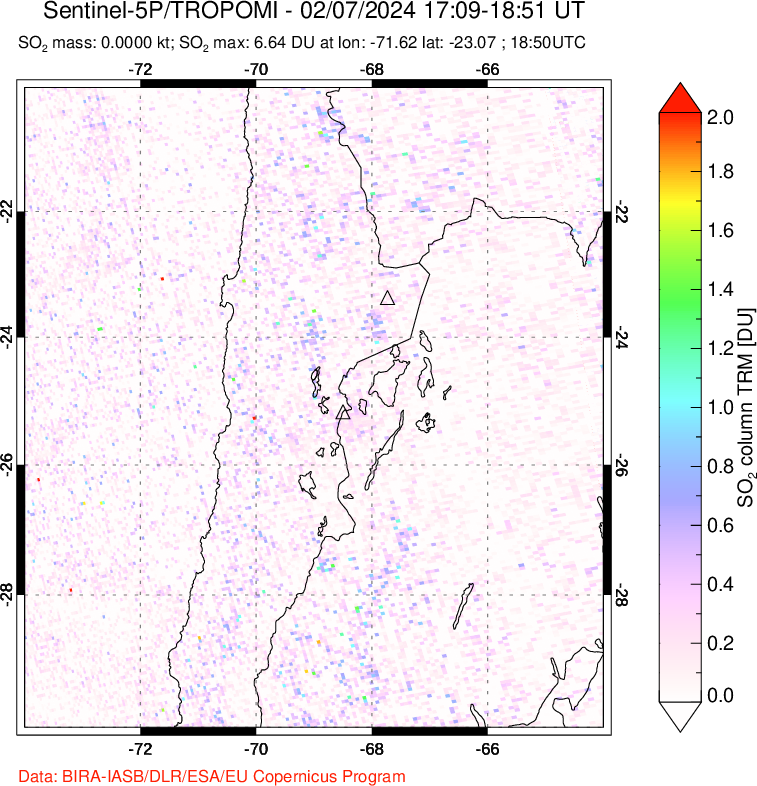 A sulfur dioxide image over Northern Chile on Feb 07, 2024.