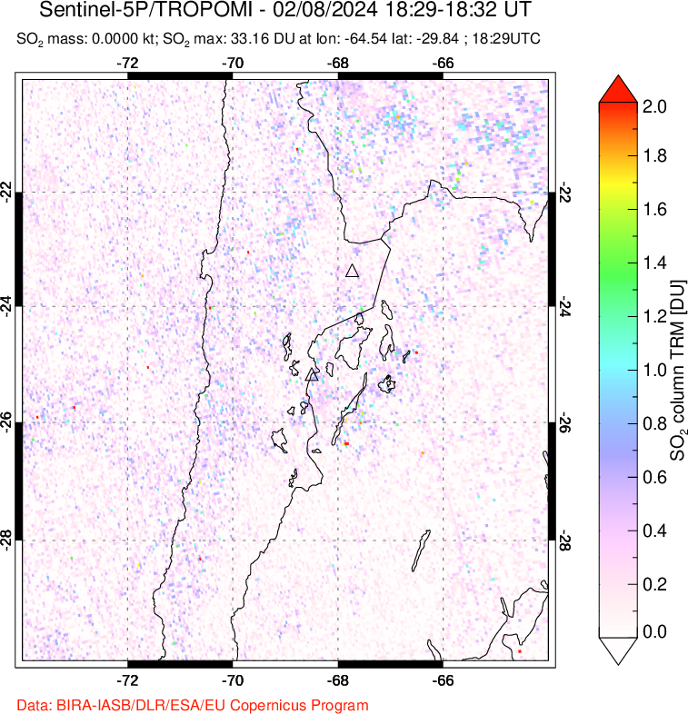 A sulfur dioxide image over Northern Chile on Feb 08, 2024.