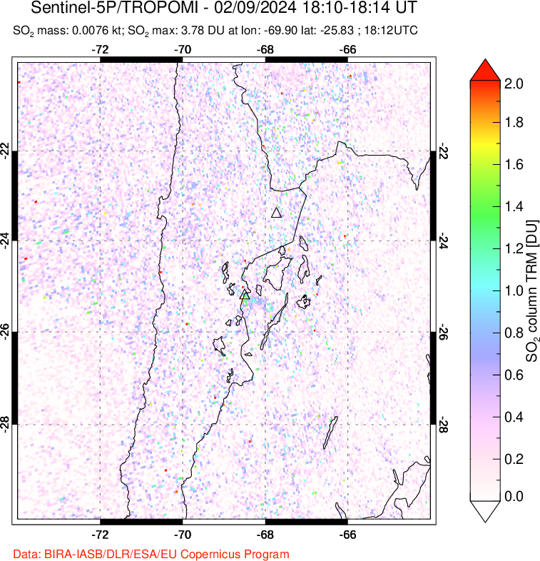 A sulfur dioxide image over Northern Chile on Feb 09, 2024.