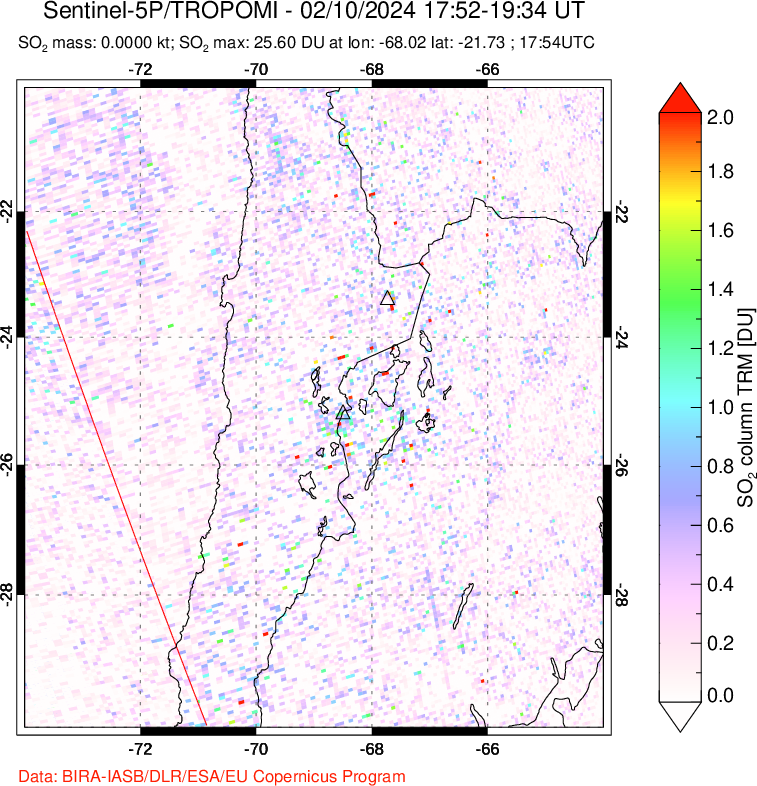 A sulfur dioxide image over Northern Chile on Feb 10, 2024.