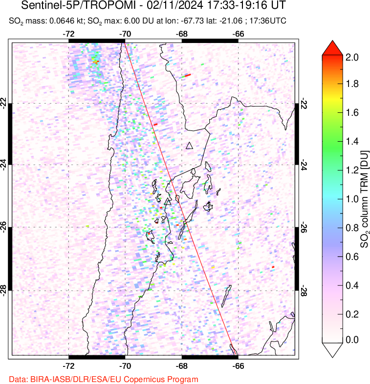 A sulfur dioxide image over Northern Chile on Feb 11, 2024.