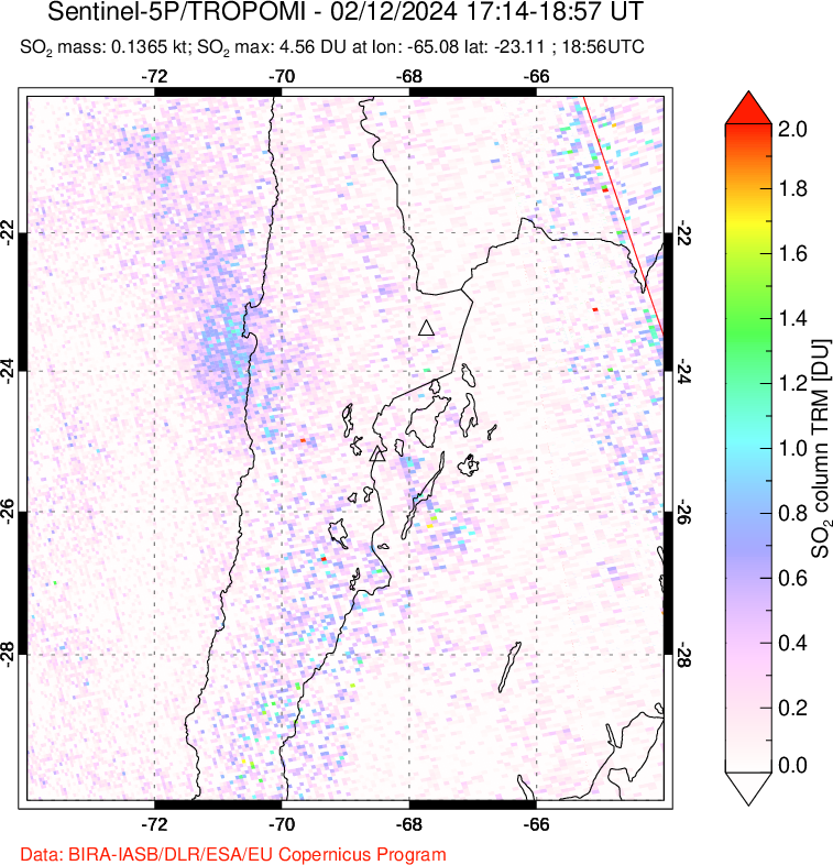 A sulfur dioxide image over Northern Chile on Feb 12, 2024.