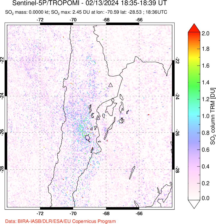 A sulfur dioxide image over Northern Chile on Feb 13, 2024.