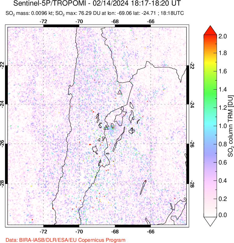 A sulfur dioxide image over Northern Chile on Feb 14, 2024.