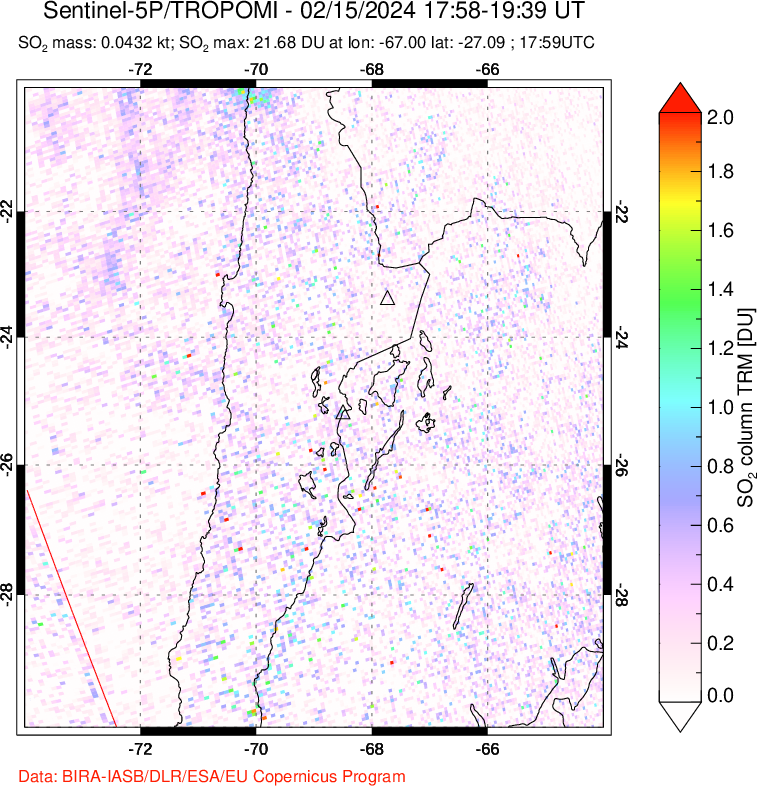 A sulfur dioxide image over Northern Chile on Feb 15, 2024.