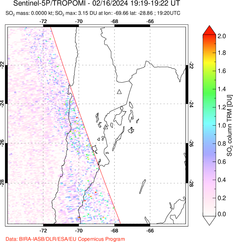 A sulfur dioxide image over Northern Chile on Feb 16, 2024.