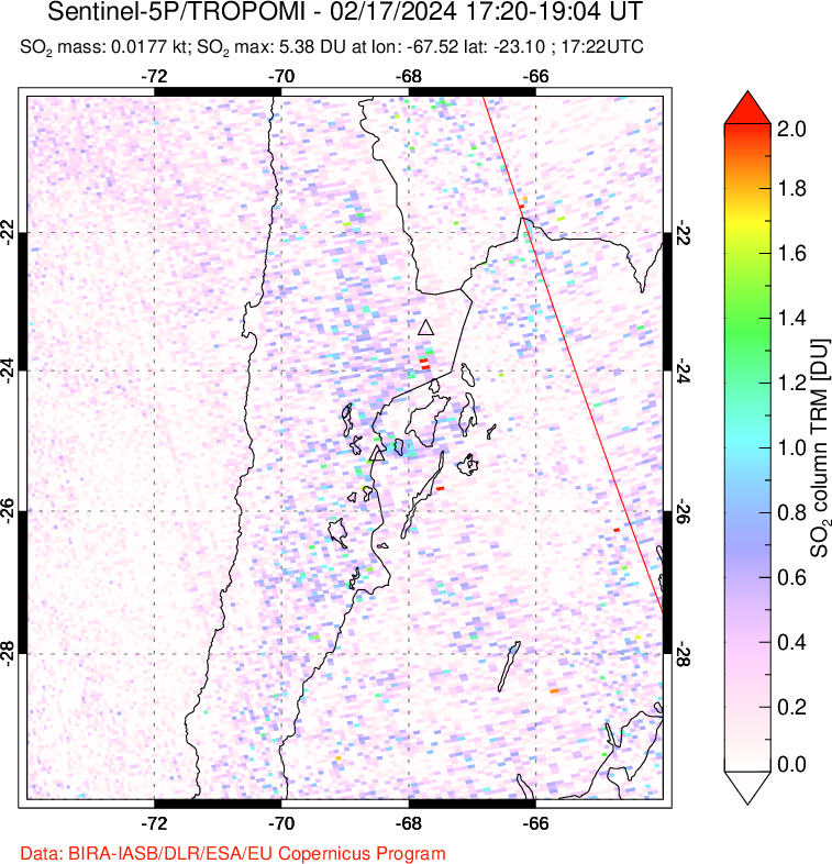 A sulfur dioxide image over Northern Chile on Feb 17, 2024.