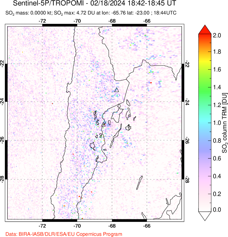 A sulfur dioxide image over Northern Chile on Feb 18, 2024.