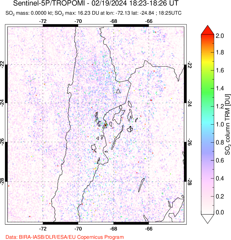 A sulfur dioxide image over Northern Chile on Feb 19, 2024.