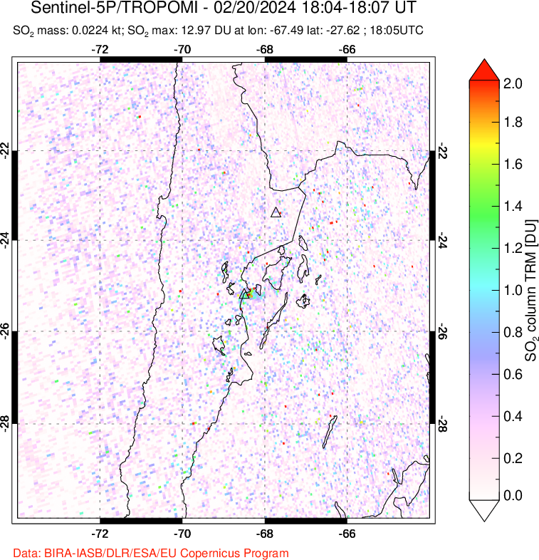 A sulfur dioxide image over Northern Chile on Feb 20, 2024.