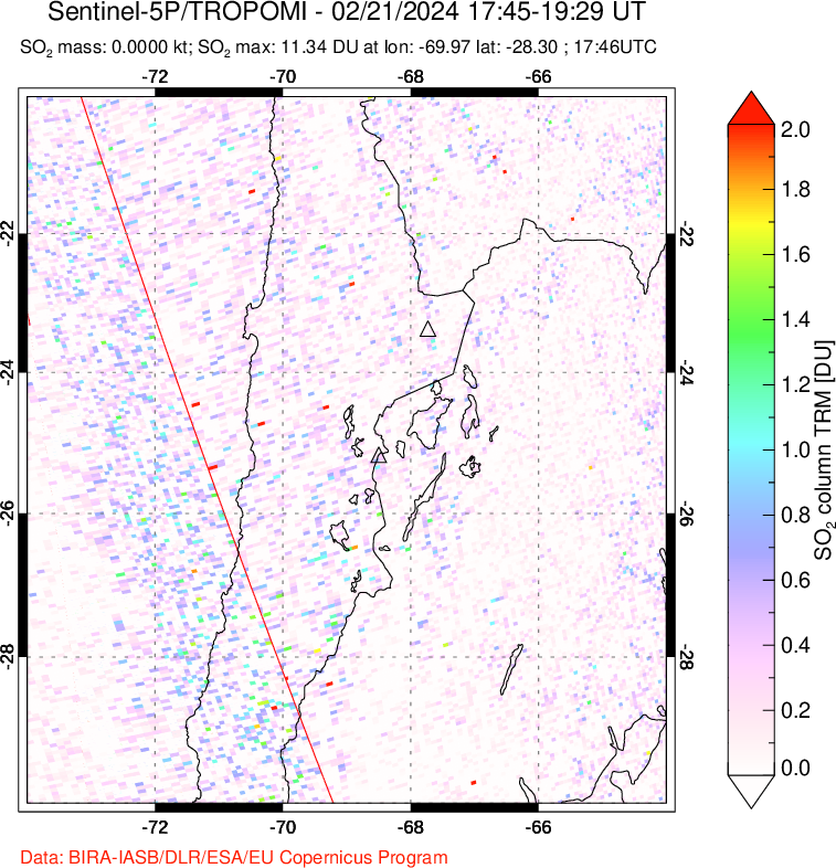 A sulfur dioxide image over Northern Chile on Feb 21, 2024.