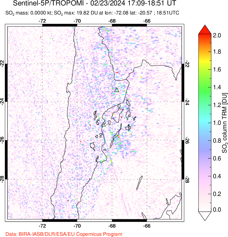 A sulfur dioxide image over Northern Chile on Feb 23, 2024.