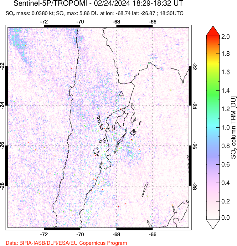 A sulfur dioxide image over Northern Chile on Feb 24, 2024.