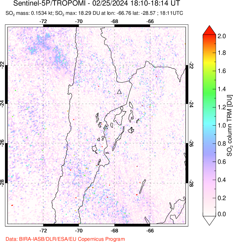 A sulfur dioxide image over Northern Chile on Feb 25, 2024.