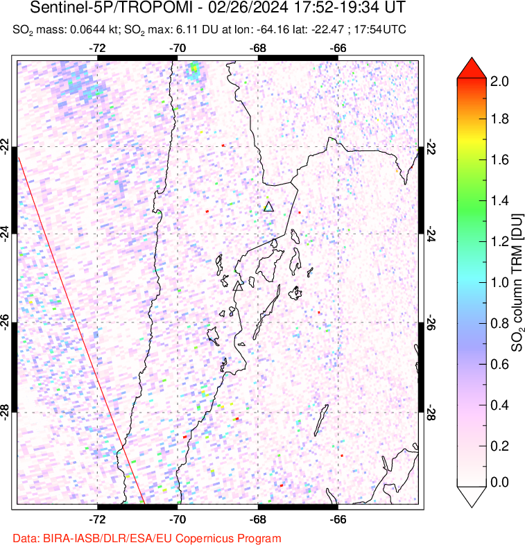 A sulfur dioxide image over Northern Chile on Feb 26, 2024.