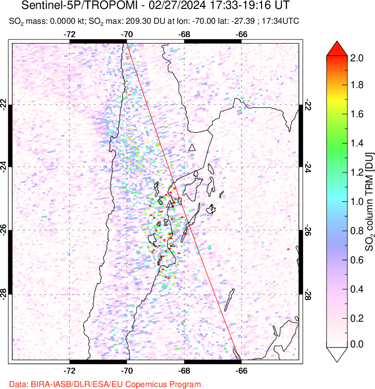 A sulfur dioxide image over Northern Chile on Feb 27, 2024.