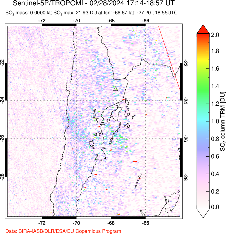 A sulfur dioxide image over Northern Chile on Feb 28, 2024.