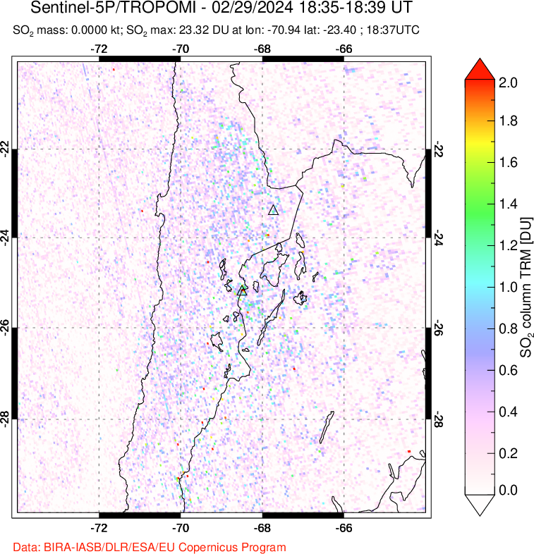 A sulfur dioxide image over Northern Chile on Feb 29, 2024.