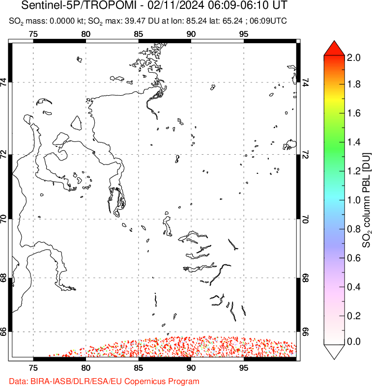 A sulfur dioxide image over Norilsk, Russian Federation on Feb 11, 2024.