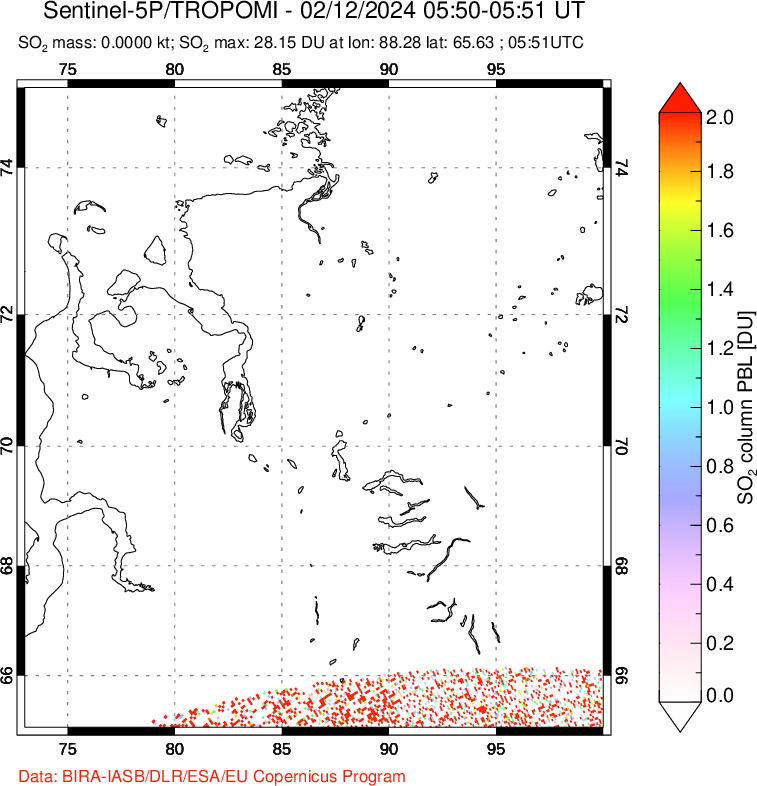 A sulfur dioxide image over Norilsk, Russian Federation on Feb 12, 2024.