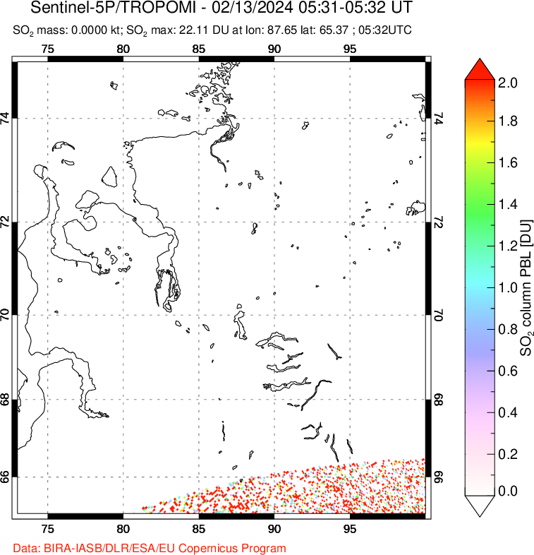 A sulfur dioxide image over Norilsk, Russian Federation on Feb 13, 2024.